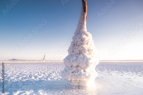 Salt lake landscape. Lake Baskunchak. Mineral salt. photo