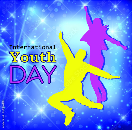 
International, youth day, August 12, multicolor, vector, dancing guy and girl on a blue background, modern, concept for your design.