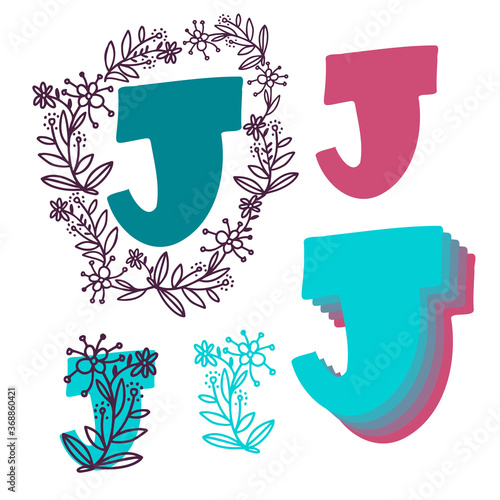 Vector isolated set of upper case letter J of English alphabet with floral decor