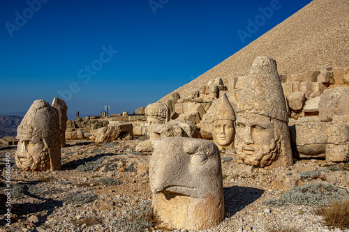 Antique statues on Nemrut mountain, Turkey. The UNESCO World Heritage Site at Mount Nemrut where King Antiochus of Commagene is reputedly entombed photo