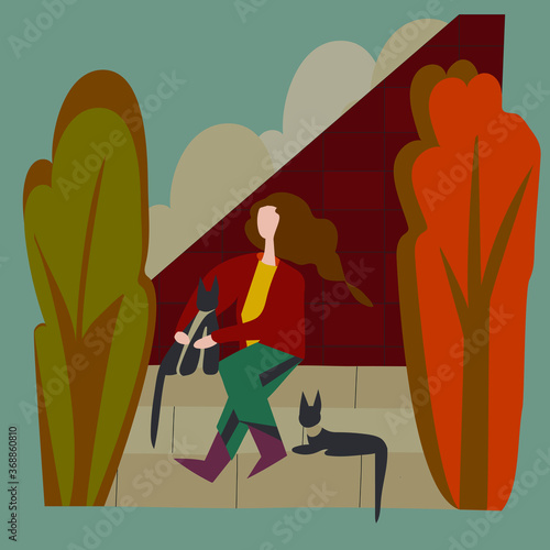 A girl with long hair sits on the roof of a house with a black cat and dreams. Autumn colours, vector illustration. Modern flat design. Vector illustration