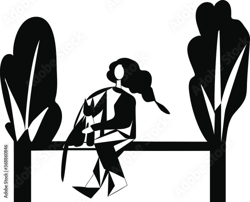 A girl with long hair sits alone on a park bench with a black cat and dreams of a happy future. A black and white stylized illustration. Vector