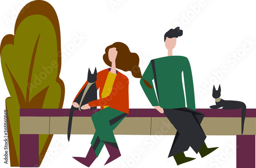 a girl and a boy sitting on a bench in the park, talking and dreaming. Against the background of autumn trees, next to black cats. Falling in love and dreaming together about the future