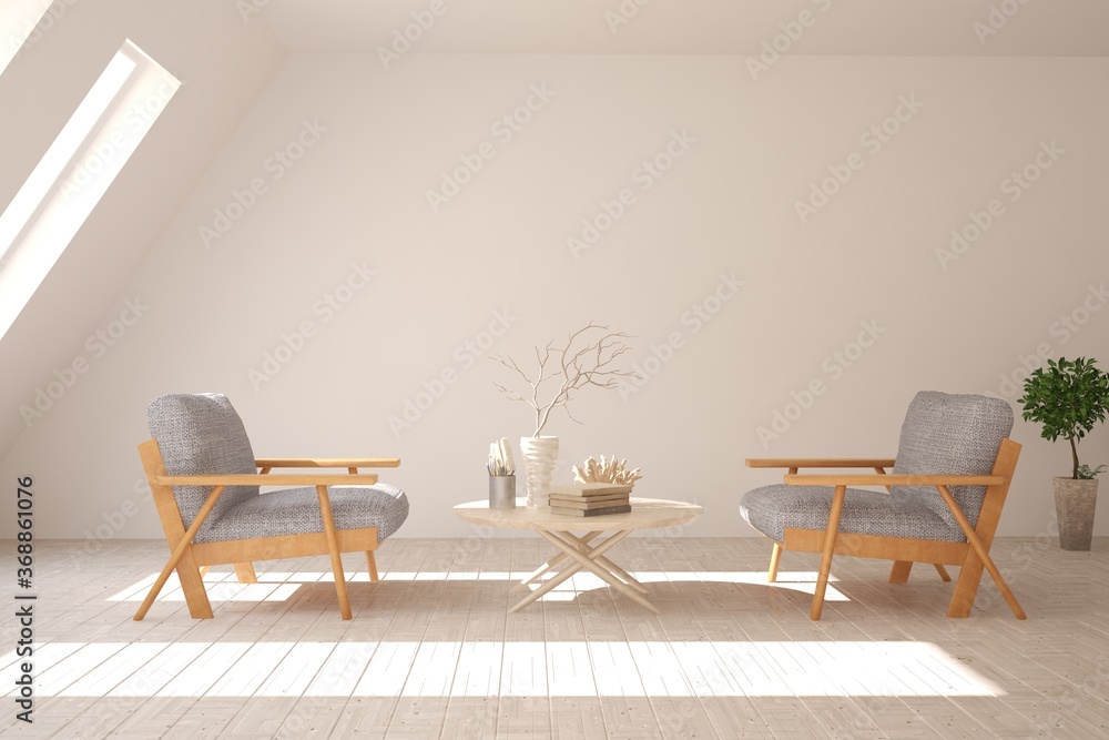 Fototapeta premium White living room with armchair. Scandinavian interior design. 3D illustration