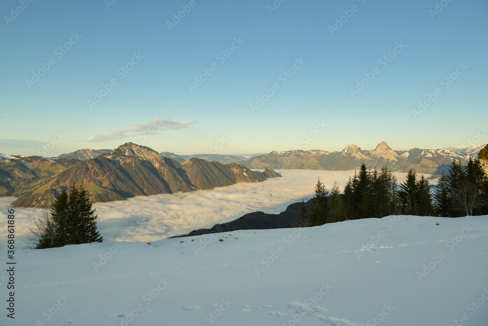 Picturesque view on Lake Luzern covered by thick layer of clouds