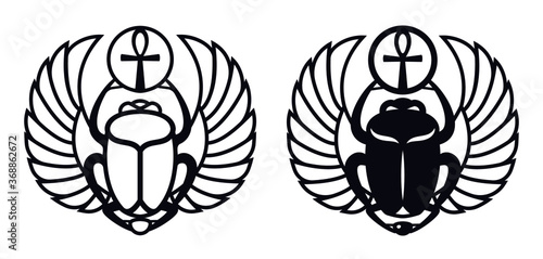 Laser cutting template of beetle scarab. Ancient egyptian decal. Winged scarab and sun disk. God Khepri Sun morning dawn. The emblem, logo, tattoo. Silhouette. Stencil. Vector isolated on white.