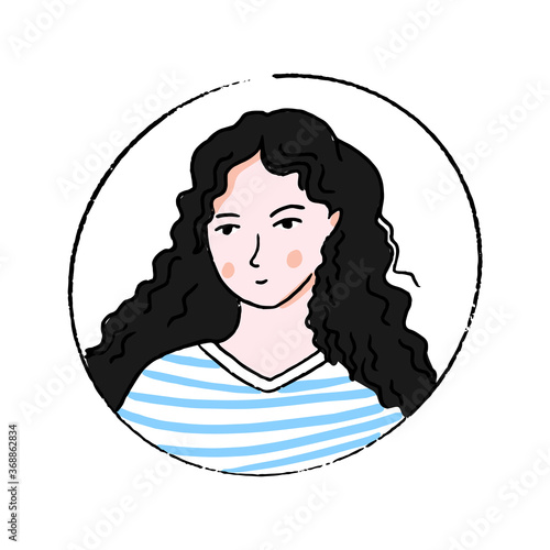 Female doodle portrait. Young woman with long curly hair in blue and white stripes shirt. Hand drawn face.