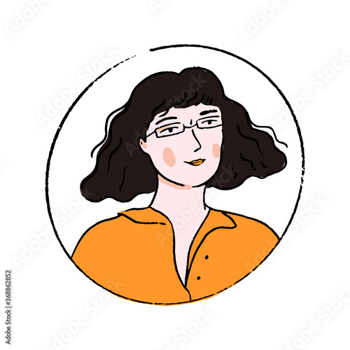 Young woman in glasses with wavy blunt bob hairstyle and fringe. Doodle portrait of confident girl in orange polo shirt.