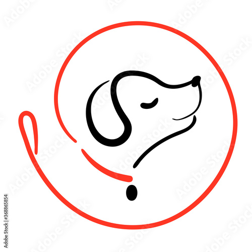 Dog walking service logo in line style on round from leash. Happy puppy training icon. Walk pet symbol in black red vector outline illustration. Simple Cartoon animal logotype