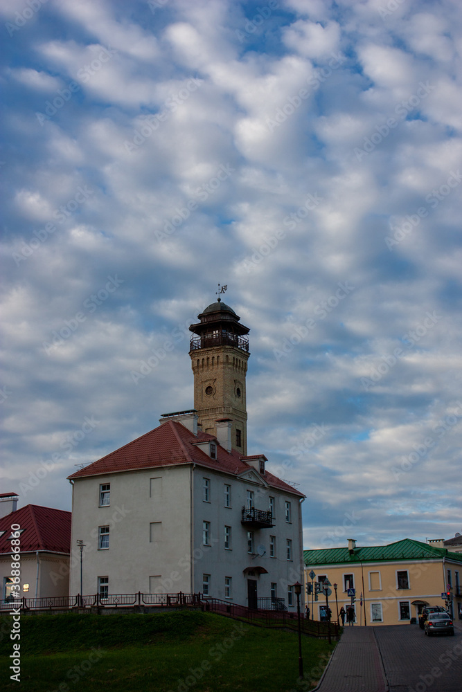 Grodno. Belarus. View of the old house on the hill, the fire tower and other city buildings .