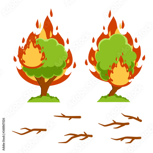 Forest fire. Natural disaster. Woodland problems. Dangerous situation. Tree and flame. Flat cartoon. Branches and wood. Careless handling of fire