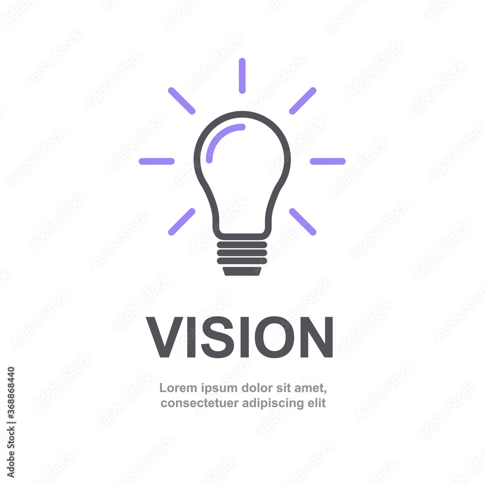 Abstract light bulb icon concept with company vision text and solution. Innovation line lightbulb vector symbol illustration. Creative business logo flat design pictogram. Brand logotype. V6 SET6 Abstract light bulb icon concept with company vision text and solution. Innovation line lightbulb vector symbol illustration. Creative business logo flat design pictogram. Brand logotype. V6 SET6