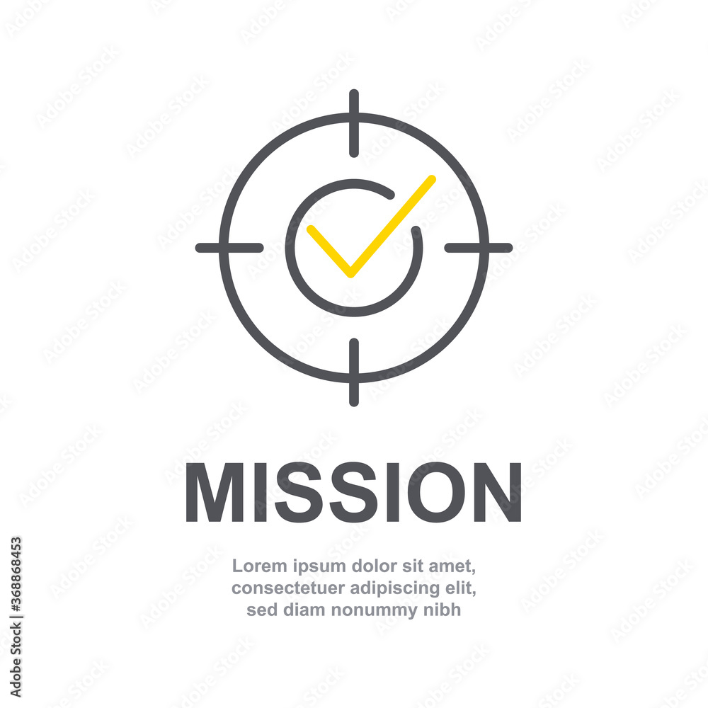Mission sign icon of business company management with simple text isolated on white background. Web page or presentation item template. Focus on goal concept with arrow in a circle. V5 form SET4 Mission sign icon of business company management with simple text isolated on white background. Web page or presentation item template. Focus on goal concept with arrow in a circle. V5 form SET4