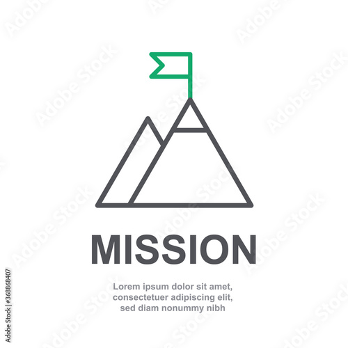 Mountain mission peak line vector icon sign with green flag. Business or company management goal concept. Isolated on white background. Callenge target. Abstract top of success symbol. V3 form SET3