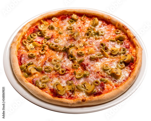 Capricciosa pizza. Isolated image on white background.