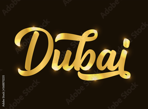 Hand sketched DUBAI word as banner or logo in gold. Lettering for header, label, flyer, poster, print, card, advertising
