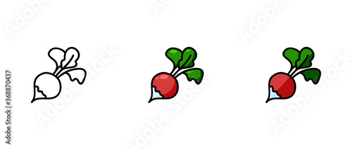 This is a set of icons with different styles of radishes. Contour and color symbols of radish. Freehand drawing. Stylish solution for a website.