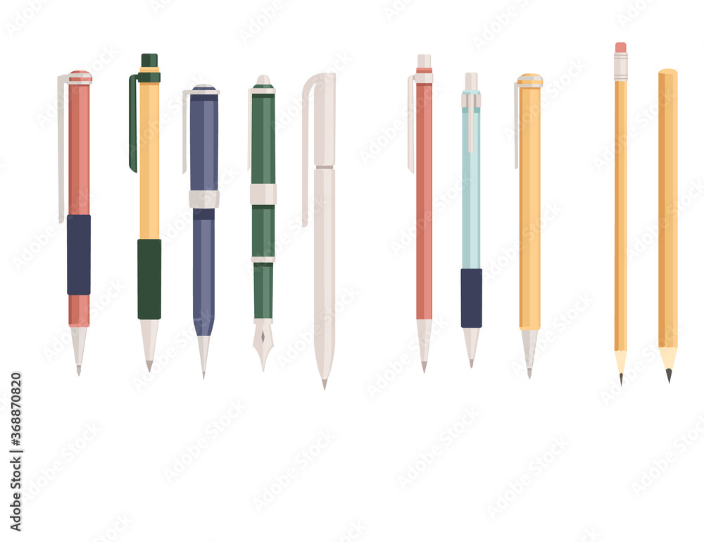 Collection of office or school supply pen and pencils flat vector illustration isolated on white background Collection of office or school supply pen and pencils flat vector illustration isolated on white background