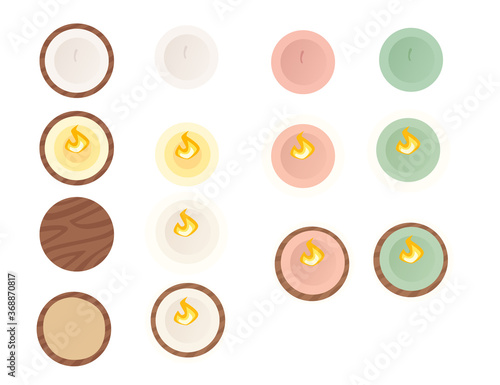 Set simple colorful candle on wooden plates top view flat vector illustration isolated on white background