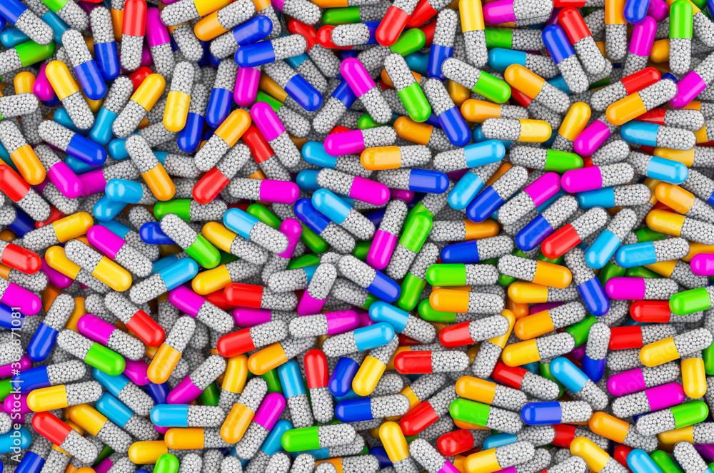 Background from colored capsules. 3D rendering