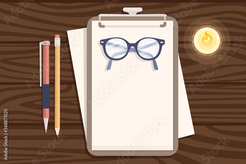 Flat workplace organization top view with wooden texture table notepad eyeglasses and pen work desk for office concept flat vector illustration