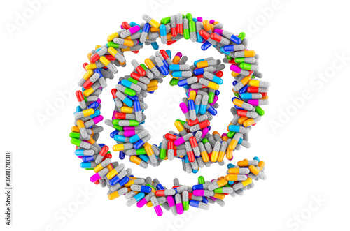 At sign  e-mail symbol from colored capsules. 3D rendering