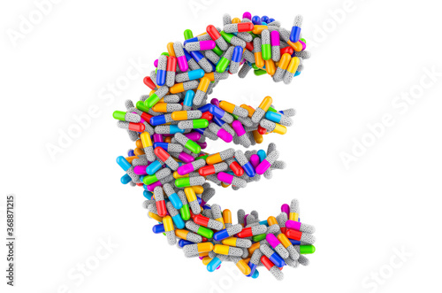 Euro symbol from colored capsules. 3D rendering