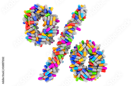 Percent symbol from colored capsules. 3D rendering