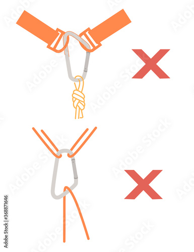Simple tips how to use metal carabiner in tourism wrong use flat vector illustration isolated on white background
