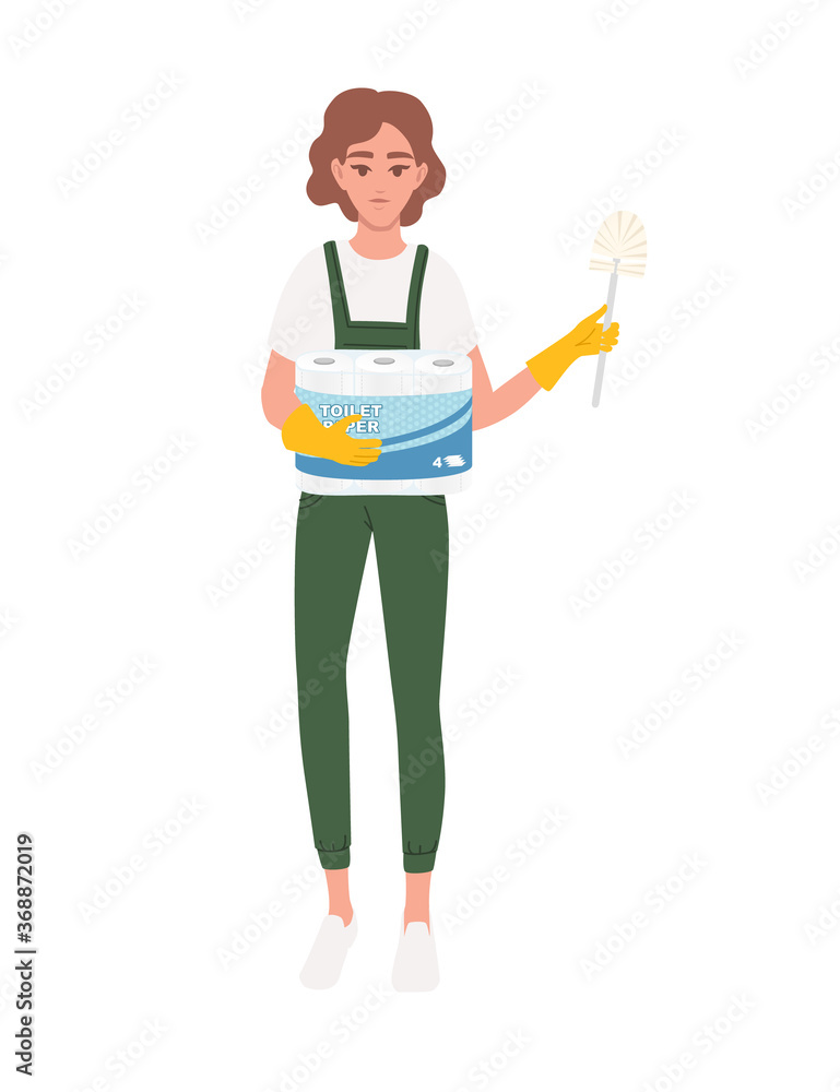 Professional cleaner woman wearing green uniform use yellow rubber gloves and hold toilet paper and toilet brush cleaning process cartoon character design flat vector illustration on white background