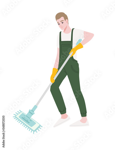 Professional cleaner man wearing green uniform use yellow rubber gloves and modern mop cleaning process cartoon character design flat vector illustration isolated on white background © Alfmaler