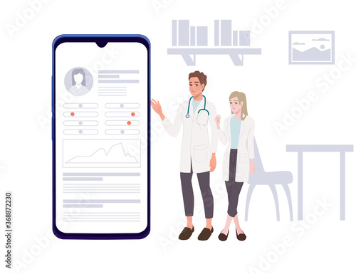 Modern concept online medicine smartphone app doctor online medical assistance flat vector illustration cartoon character design