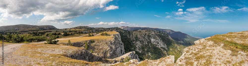 Gurzuf Yaila plateau at an altitude of 1400-1500 m above sea level. Crimean nature reserve. Panoramic landscape. HDR photography. Republic of Crimea.