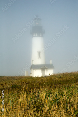 Yaquina Head Lighthouse in the fog  Newport  Oregon