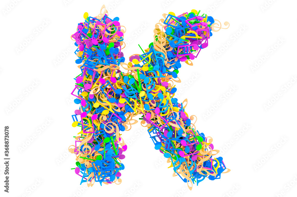 Letter K from colored musical notes. 3D rendering Letter K from colored musical notes. 3D rendering