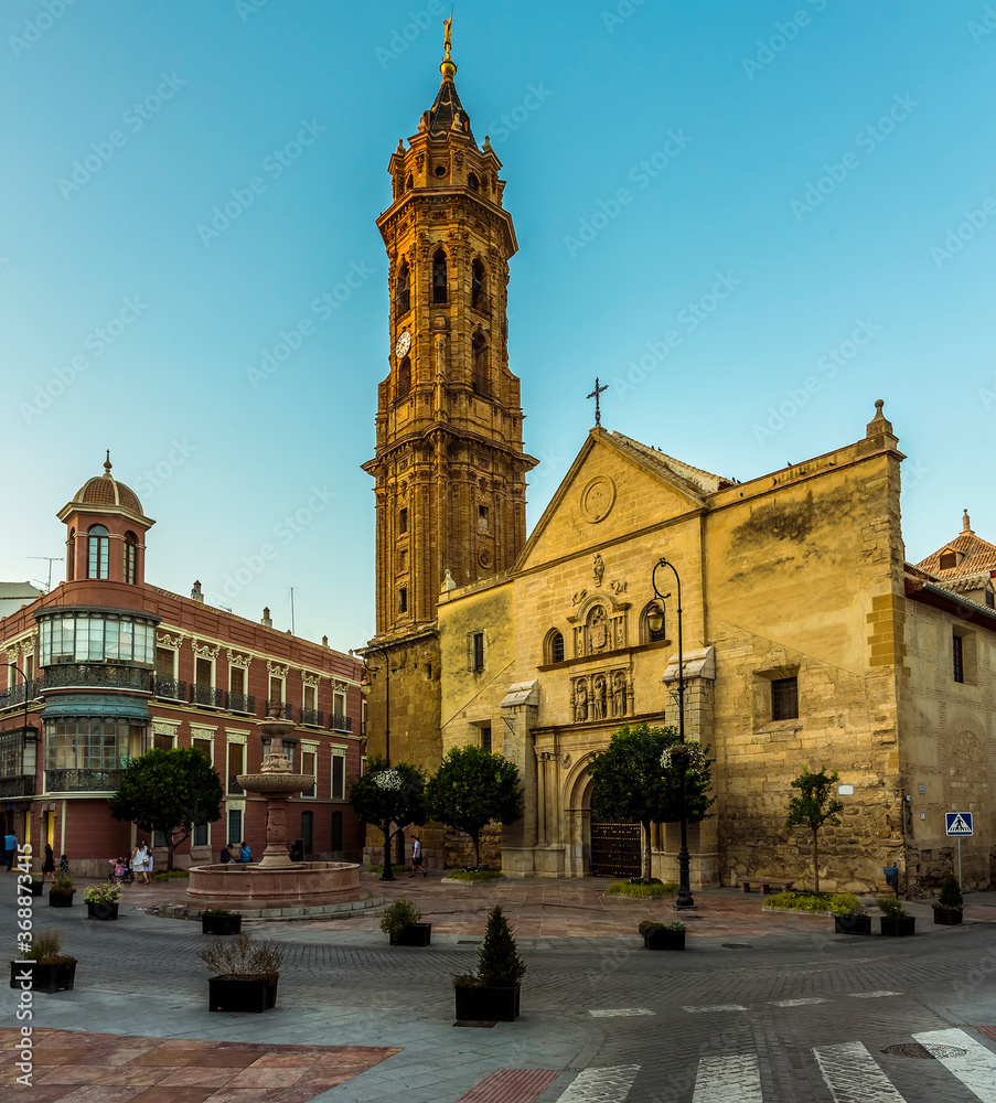 A view across the plaza towards the church of Saint Sebastion in Antequera, Spain on a summers evening
