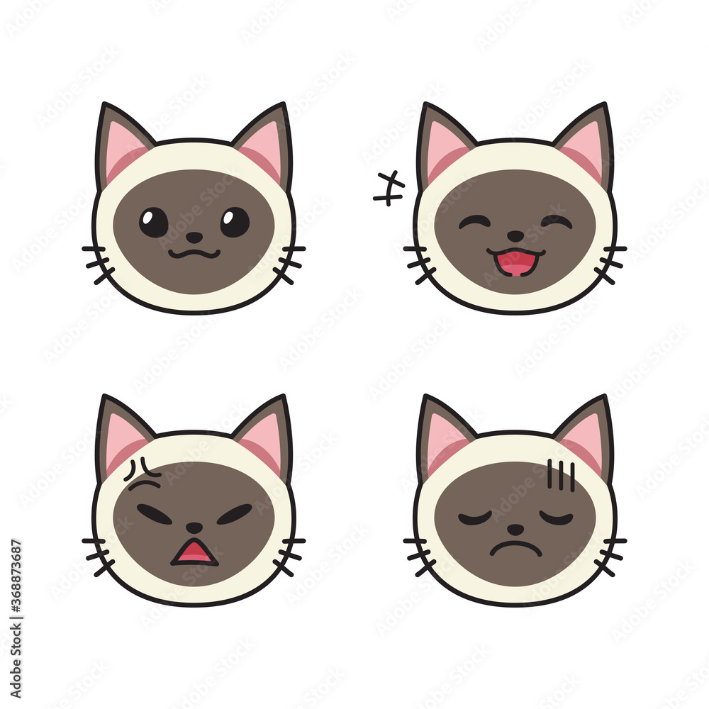 Set of siamese cat faces showing different emotions for design.