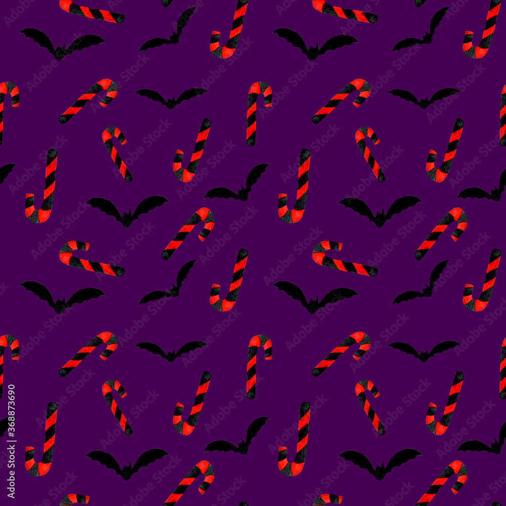 pattern on purple background Halloween, bat and sweets tube pattern on purple background Halloween, bat and sweets tube