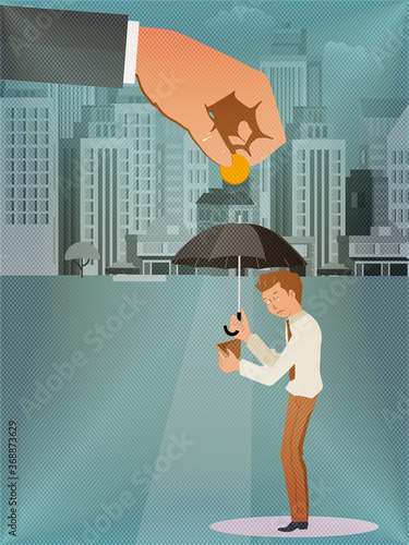 Tossing coins to the poor man. Welfare, Donation, unemployment benefit. Vector illustration in a flat style of a concept of the gap between the rich and the poor. City background
