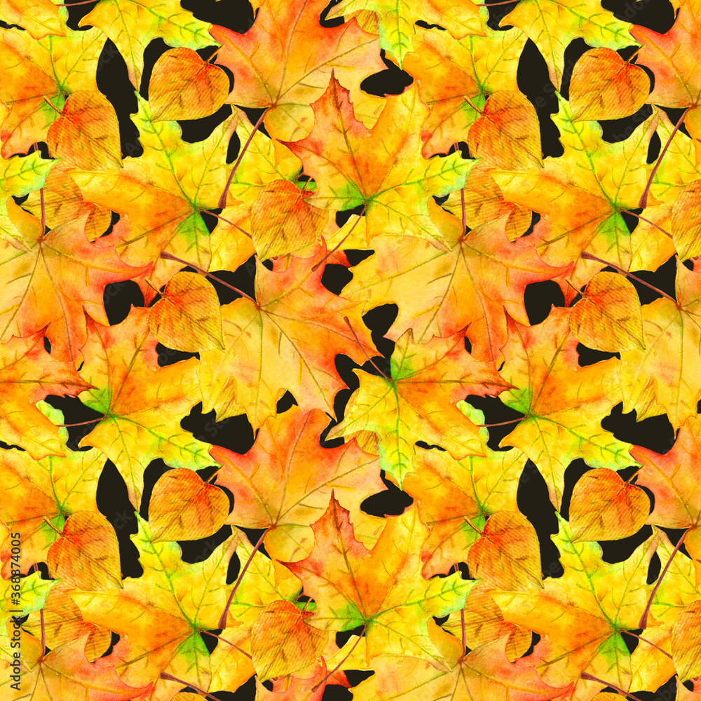 Fototapeta premium Watercolor seamless pattern on a black background yellow and orange autumn leaves, maple leaves