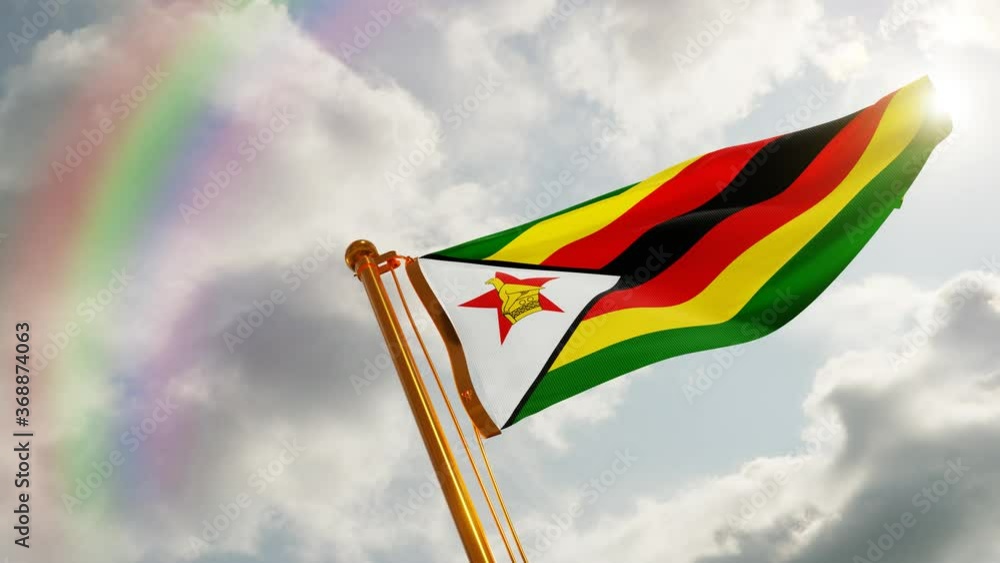 Flag of Zimbabwe Waving in the wind, Cloudy and Rainbow Background ...