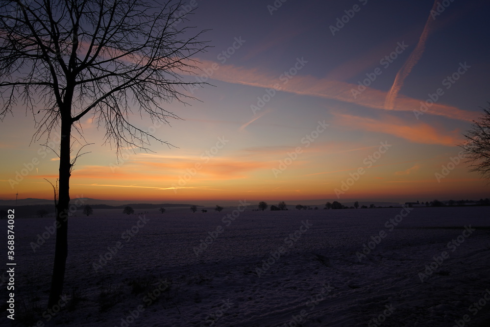 Winterlandschaft mit Frost und Schnee nach Sonnenuntergang im Nebel Winterlandschaft mit Frost und Schnee nach Sonnenuntergang im Nebel