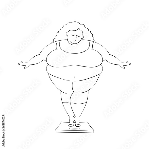 Very fat woman is standing on bathroom scales