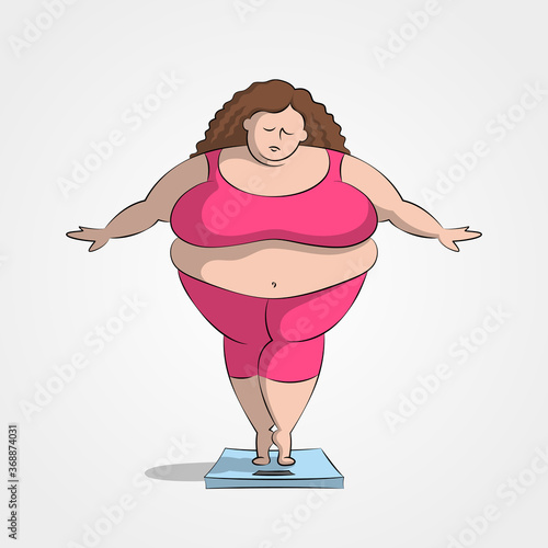 Very fat woman is standing on bathroom scales