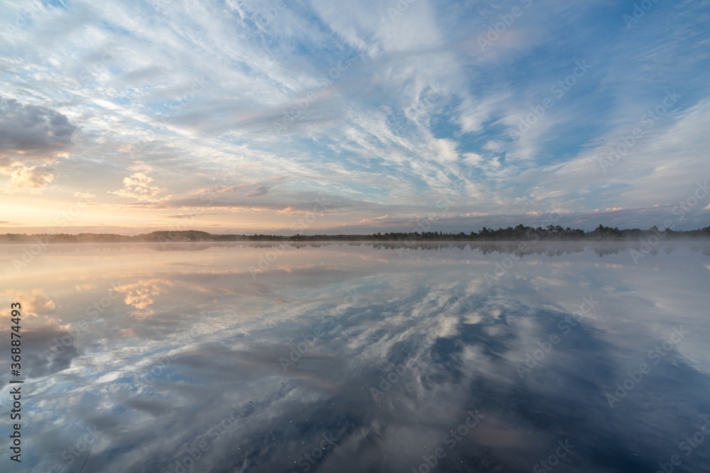 Sunrise rose-pink light in raised bog. Kakerdaja raised bog wetland in Estonia. Sunset glow over marsh hollows. Symmetry created by reflection of trees and colorful clouds in moorland lake.
Sunrise rose-pink light in raised bog. Kakerdaja raised bog wetland in Estonia. Sunset glow over marsh hollows. Symmetry created by reflection of trees and colorful clouds in moorland lake.