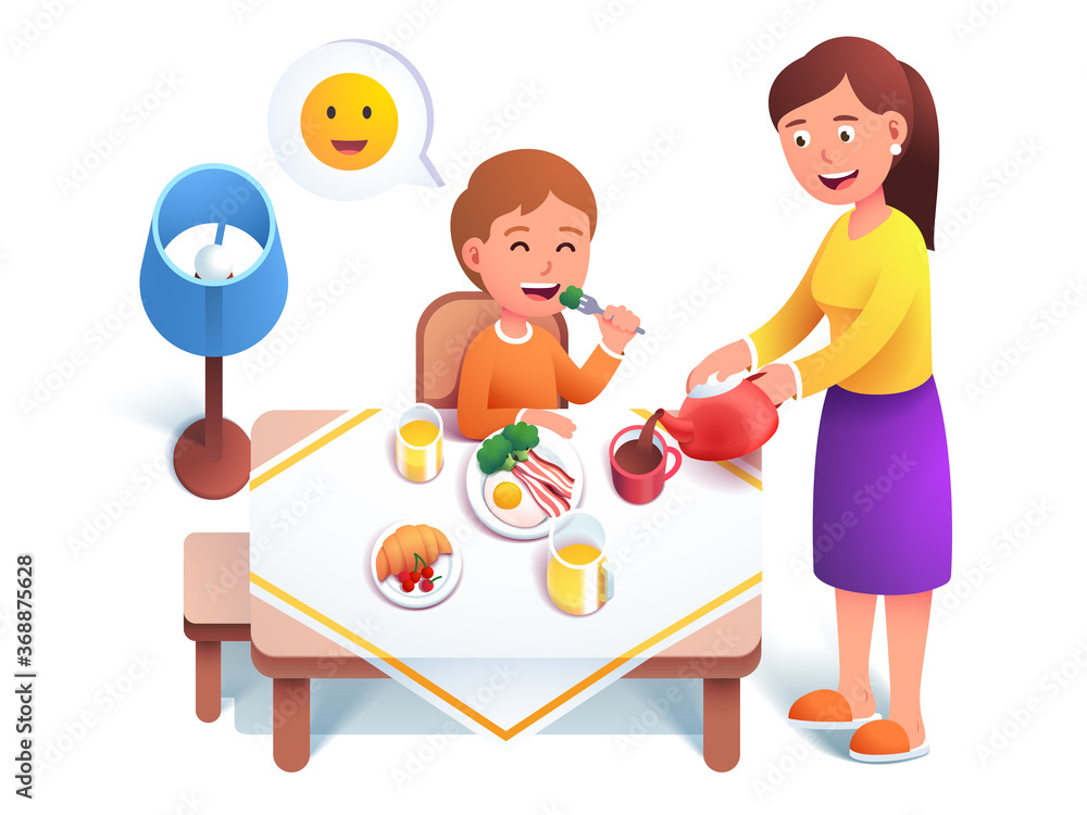 Kid eating breakfast meal, Mother serving table