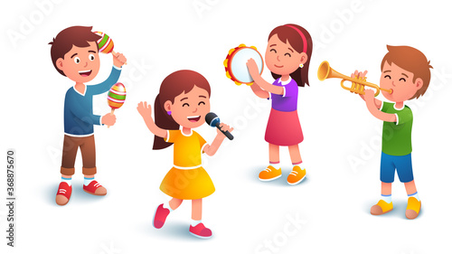 Kids boys and girls music band playing together