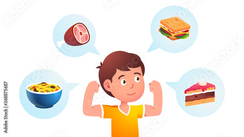 Food makes child boy growing strong concept