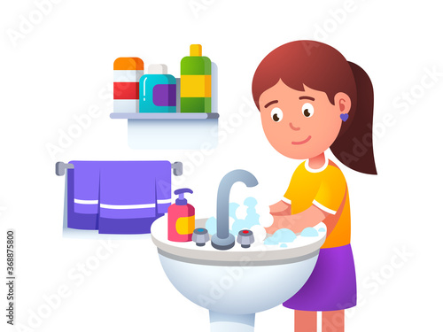 Kid girl washing hands at washbowl sink basin