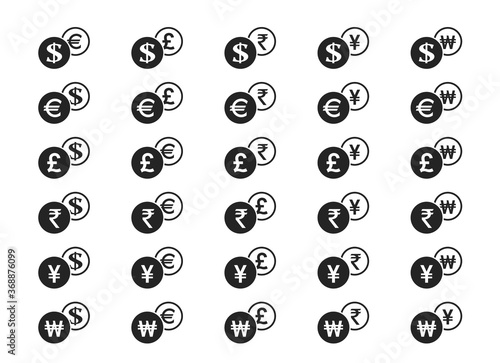 currency exchange icon set. dollar, euro, british pound, japanese yen, indian rupee and korean won money symbols